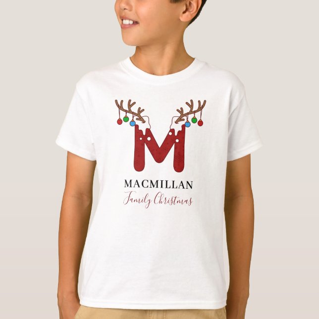 T-shirt Monogramme Noël Antlers Jours Correspondants Famil (Devant)