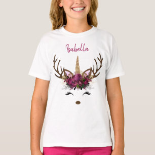 T-shirt Monogramme or rose foncé Noël Unicorn Reindeer