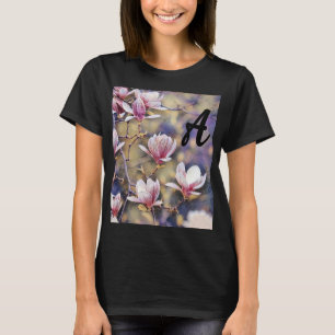T-shirt Monogramme Pink magnolia branche aquarelle violet