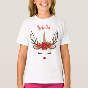 T-shirt Monogramme rouge et or Noël Unicorne Reindeer