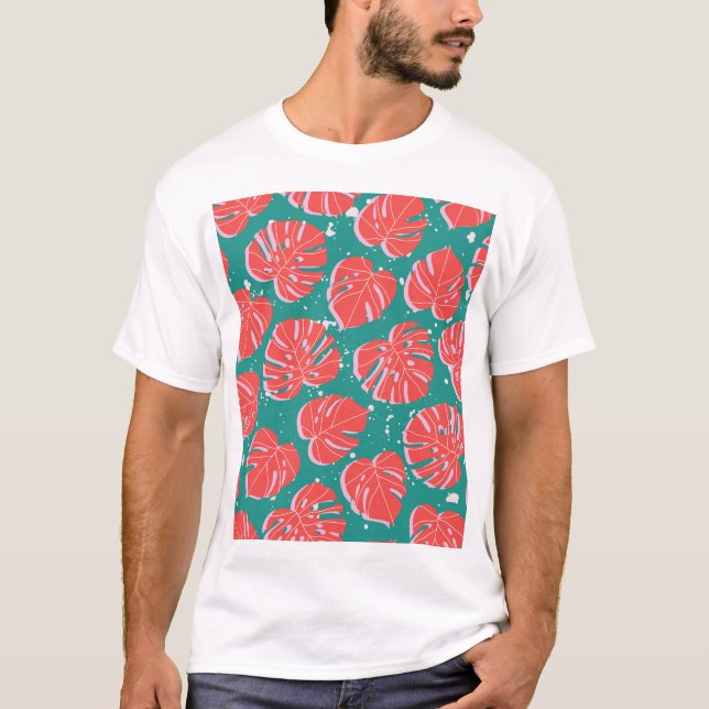 T-shirt Monstère rouge : motif tropical vert (Devant)