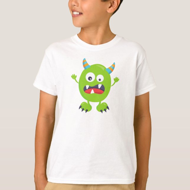 T-shirt Monstre mignon, Monstre vert, Monstre drôle, Corne (Devant)