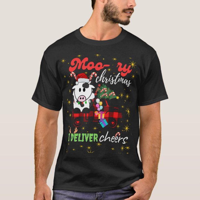 T-shirt Moo-ry Christmas Cow in Plaid Truck Holiday design (Devant)