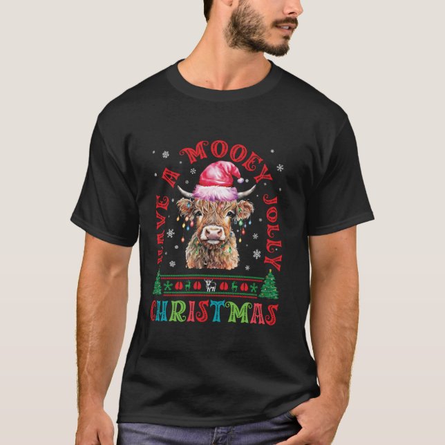 T-shirt Mooey Jolly Noël Scottish Highland Cow Family (Devant)