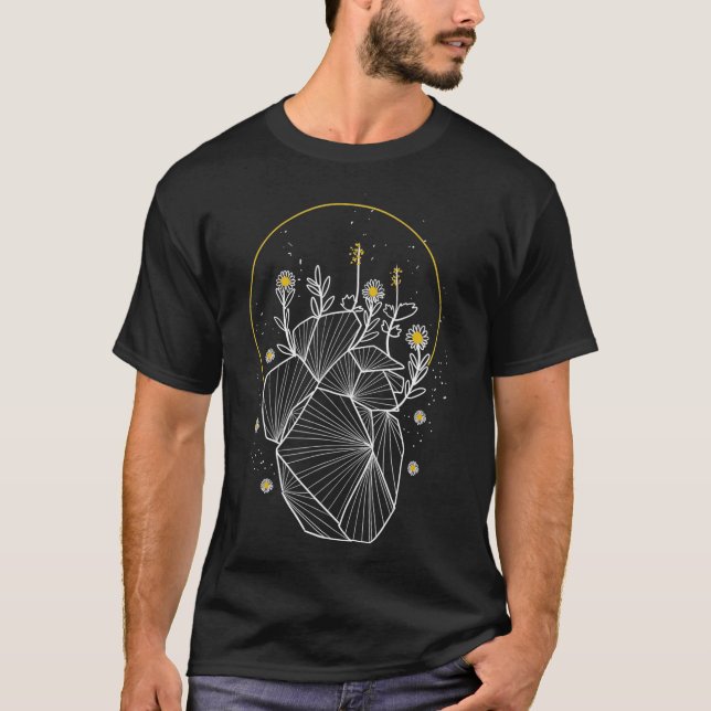 T-shirt Moon Line Geometric Anatomical Heart Flowers Art (Devant)