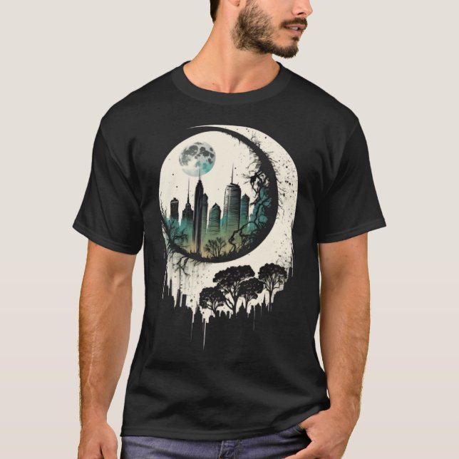T-shirt Moon Skyline City By Night Crescent Moon Aesthetic (Devant)
