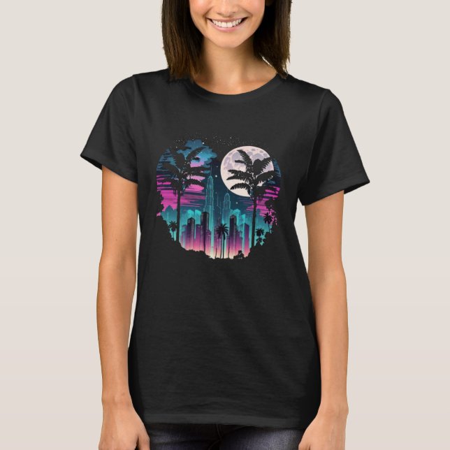 T-shirt Moon Skyline City By Night Full Moon Vaporwave (Devant)