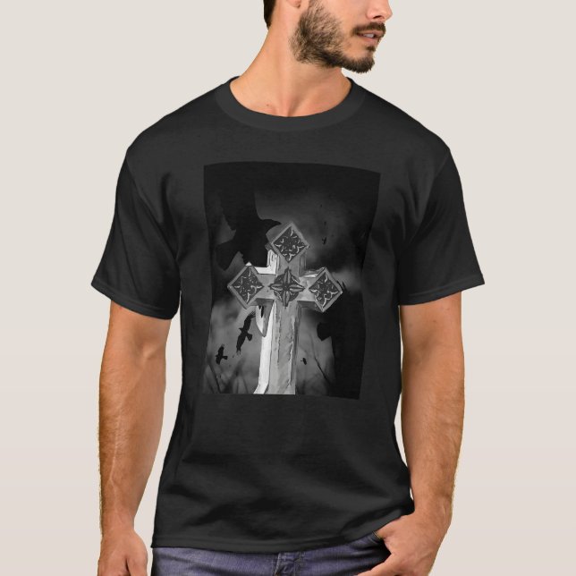 T-shirt Moonlit Gothic Cross With Crows (Devant)