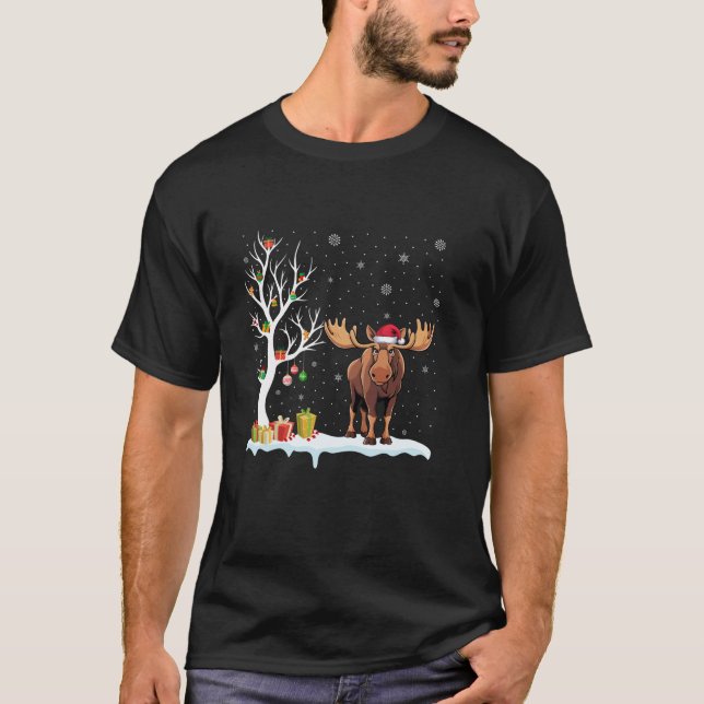 T-shirt Moose Santa Hat Festif Arbre Lumière Pajam de Noël (Devant)