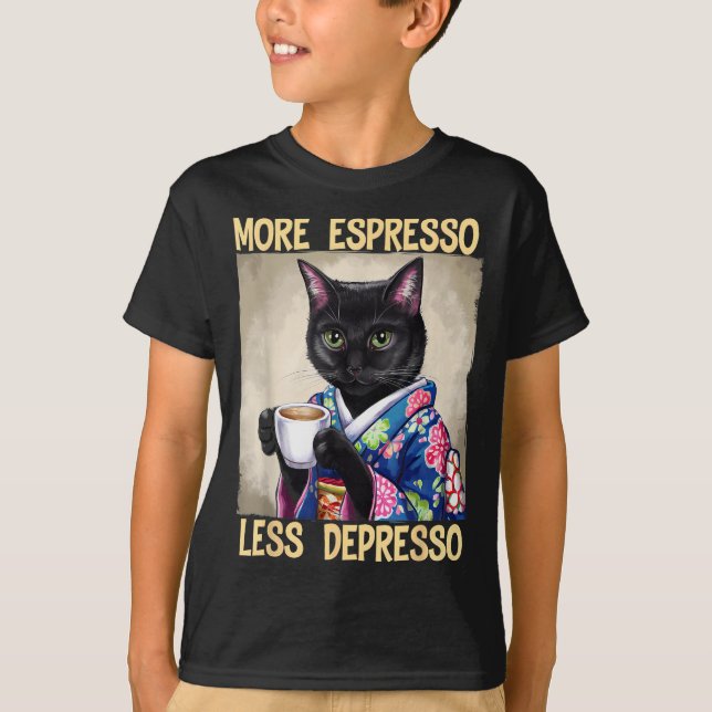 T-shirt More Espresso Less Depresso Japanese Art Funny Cat (Devant)