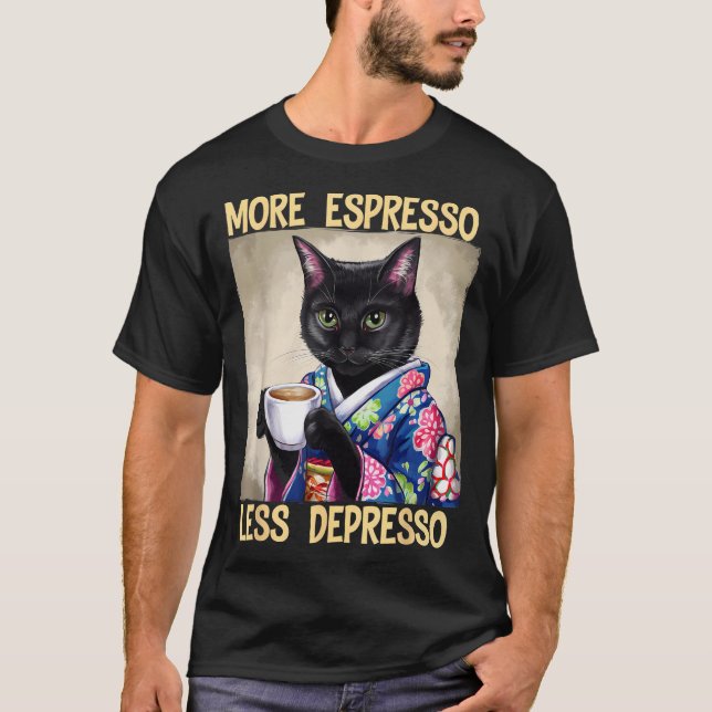 T-shirt More Espresso Less Depresso Japanese Art Funny Cat (Devant)