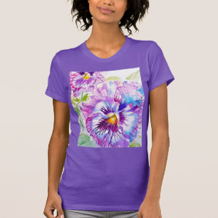T-shirt Motif d'aquarelle Pansy sur panneaux bleu violet