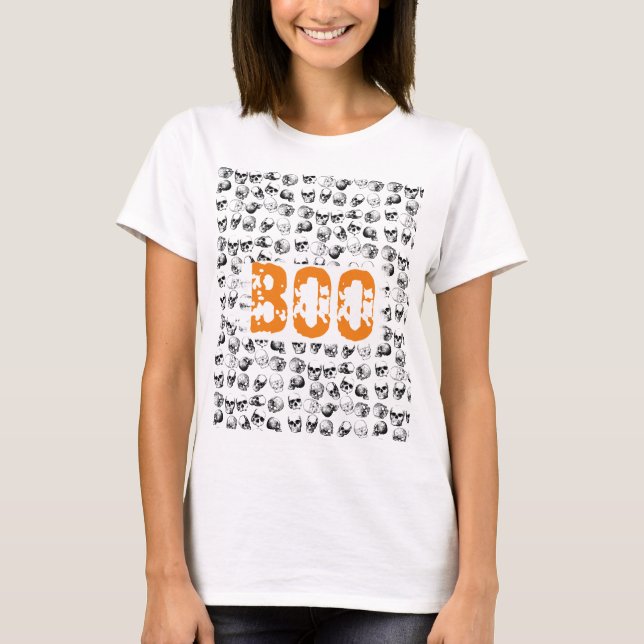 T-shirt Motif de crâne Éffrayant Orange Boo Halloween (Devant)