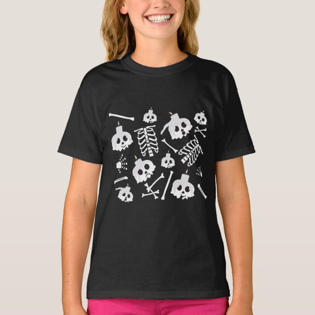 T-shirt Motif des os crâniens de squelette d'Halloween (Devant)