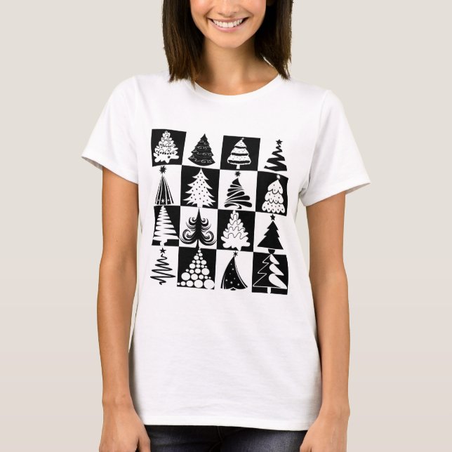 T-shirt Motif moderne Noir et Blanc Arbre de Noël (Devant)
