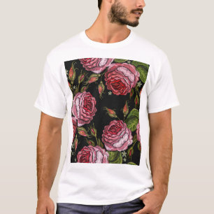 T-shirt Motif vintage de broderie de rose rouge