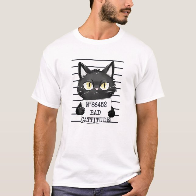 T-shirt Mugshot de chat noir drôle et mignon (Devant)
