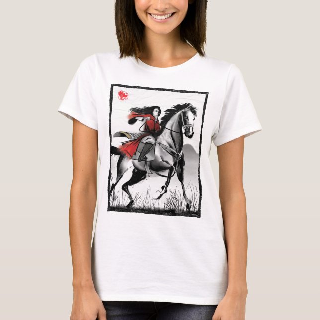 T-shirt Mulan Riding Vent Noir encadré Aquarelle (Devant)