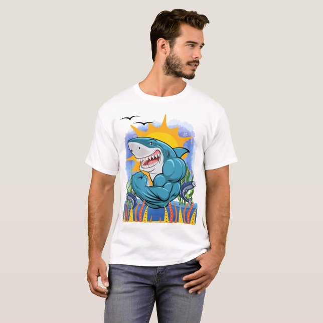 T-shirt Muscles Flexés de requins Vie de mer et soleil Uni (Devant entier)