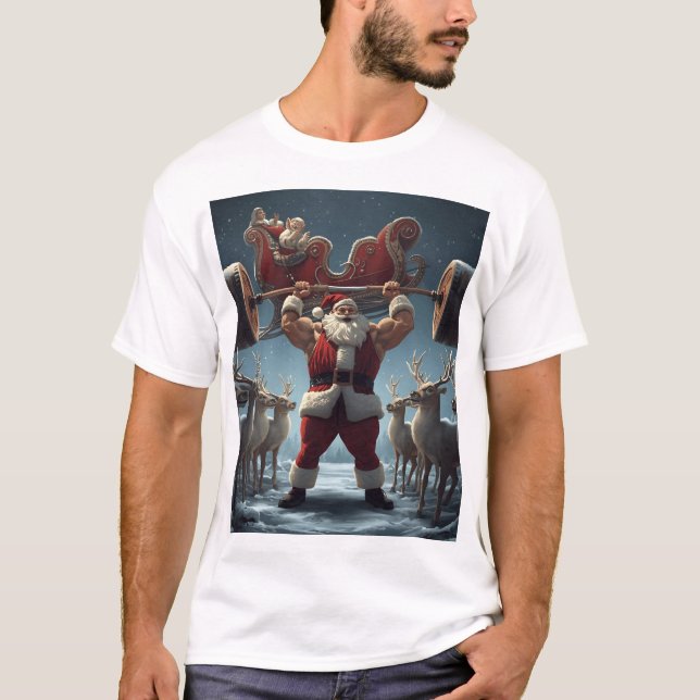 T-shirt Muscular Santa Lifting Reindeer – Funny Christmas  (Devant)