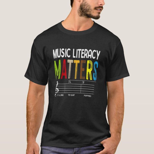 T-shirt Music Literacy Matters I Like To Eat Puppies Retro (Devant)