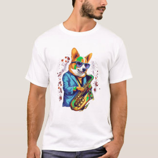 T-shirt Musicien de jazz Corgi Chien Saxophone T Chemise