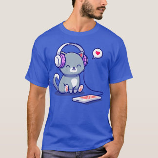 T-shirt Musique D'Écoute Du Chat Avec Caricature Du Casque