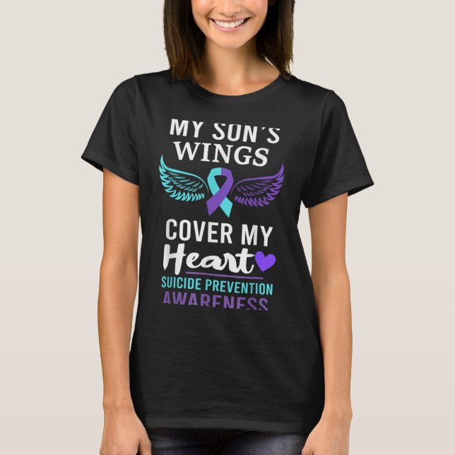T-shirt My Son's Wings Cover Heart Suicide Awareness Ribbo (Devant)