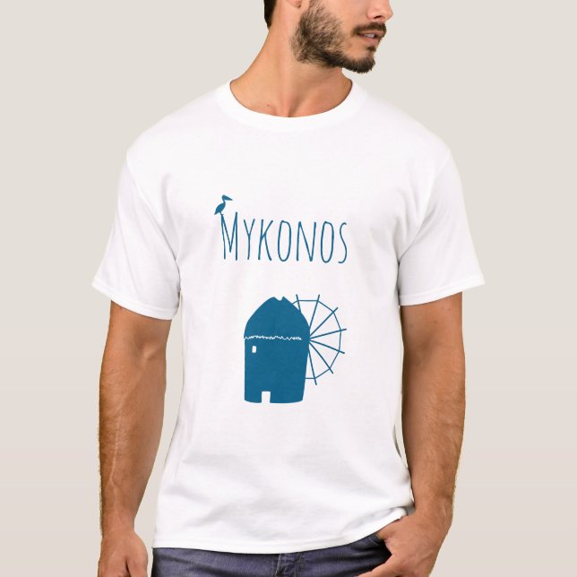 T-shirt Mykonos, Grèce : Moulin à vin et oiseau pélican (Devant)