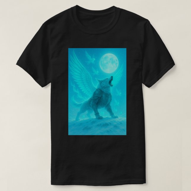T-shirt Mystic Winged Wolf Howling at the Moon (Design devant)
