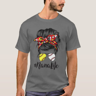 T-shirt Nana Life Messy Bun Cheveux Softball Baseball Mère
