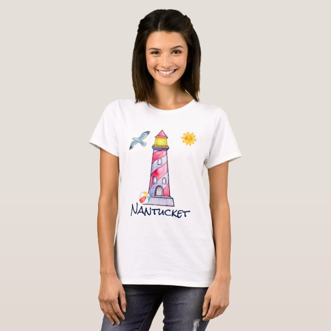 T-shirt Nantucket avec phare à aquarelle rouge (Devant entier)
