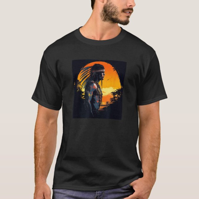 T-shirt Native American Day Warrior Sunset Retro For Boys  (Devant)