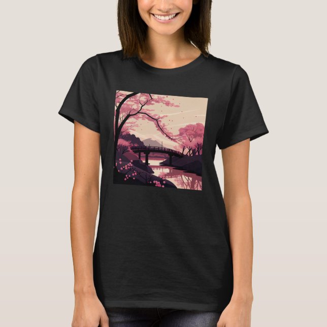 T-shirt Nature Inspired Cherry Blossom River and Bridge (Devant)