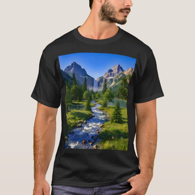 T-shirt Nature Mountains Waterfall River Trees Flowers (Devant)
