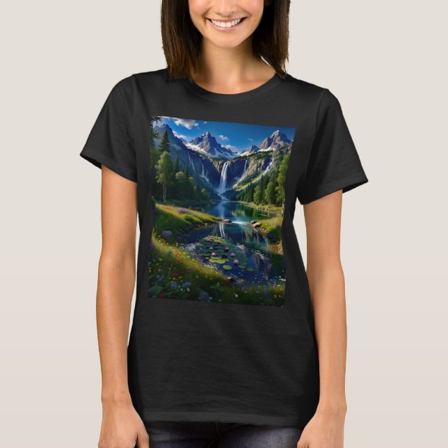 T-shirt Nature Scene Mountains Waterfalls Lake Pond Trees  (Devant)