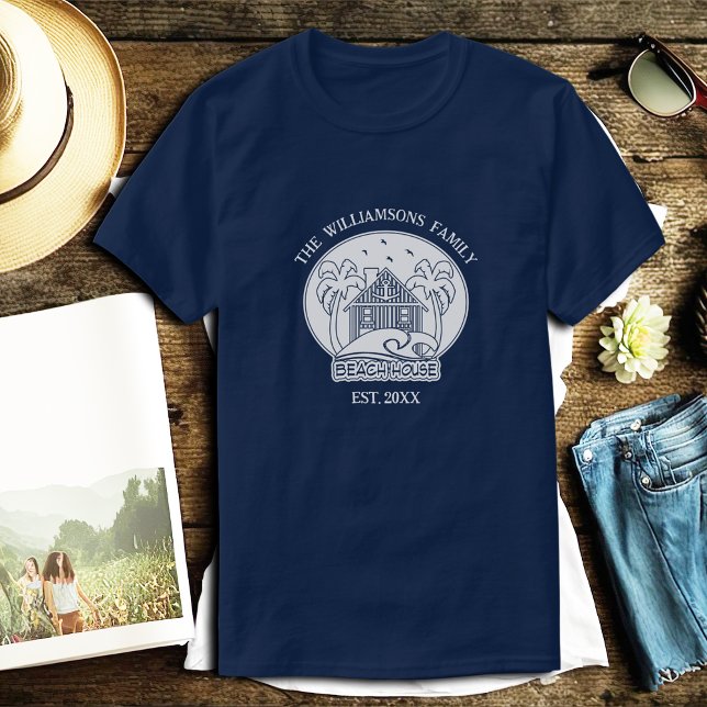 T-shirt Nautical Blue Beach House White Nom de famille Anc (Créateur téléchargé)