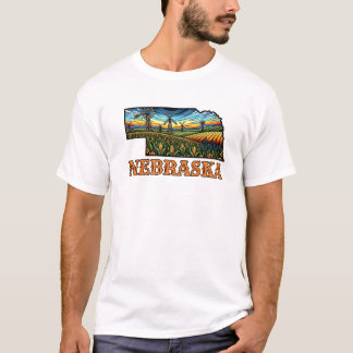 T-shirt Nebraska Tattoo Style Outline with Cornfields