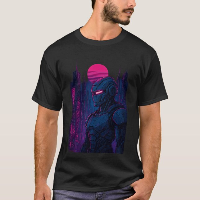 T-shirt Neon Cyberpunk Robot Cityscape — Dreamframe_U8O Ed (Devant)