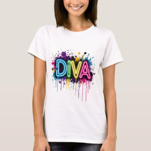 T-shirt Neon Diva Graffiti Collage with Dripping Paint on