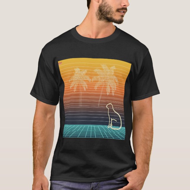 T-shirt Neon Line Art Cat & Palms (Devant)