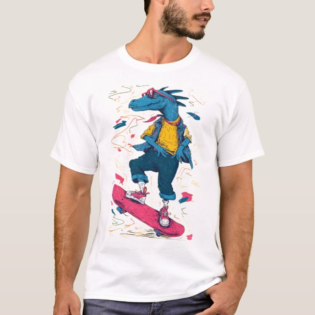 T-shirt Neon Skater Dino – Street Art Illustration (Devant)