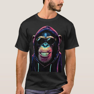 T-shirt Neon Vibe – Stylish Chimpanzee in Hoodie and Sungl