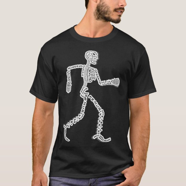 T-shirt Nerdy Skeleton Walking Man avec os étiquetés (Devant)