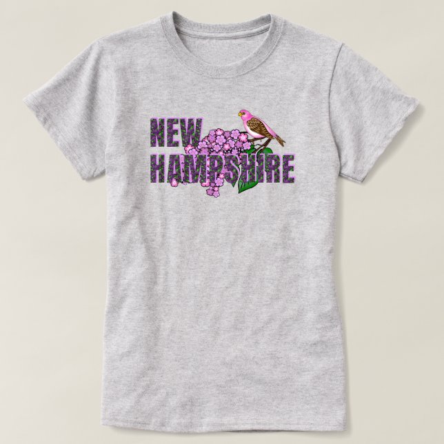 T-shirt New Hampshire State Symbols Purple Finch & Lilacs (Design devant)
