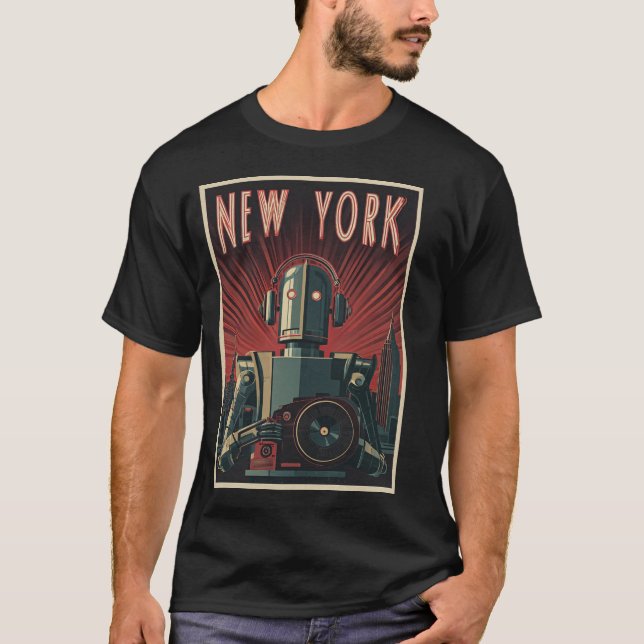 T-shirt New York Robot Tourist – Art Deco Travel Poster (Devant)