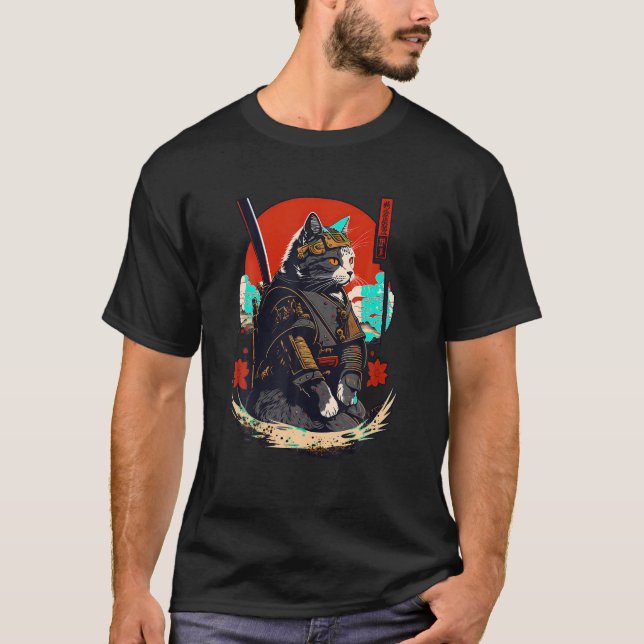 T-shirt Ninja Chat Samurai Kitten Retro Japonais Guerrier  (Devant)