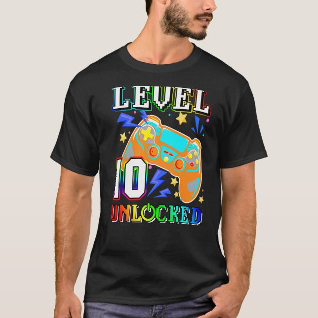 T-shirt Niveau 10 Déverrouillé 10e Anniversaire Jeu vidéo  (Devant)