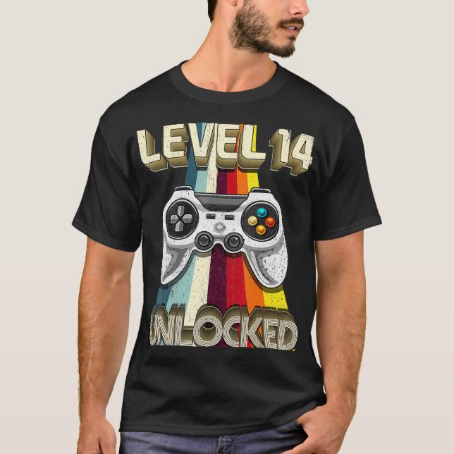 T-shirt Niveau 14 Déverrouillé Retro Video Jeu 14e anniver (Devant)