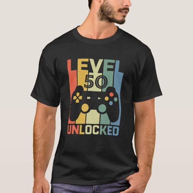 T-shirt Niveau 50 Déverrouillé 50 ans Vidéo Gamer 50e (Devant)